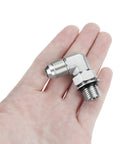 Person holding 90 Degree Elbow Hydraulic Hose Fittings Set Ten Pieces Three Eighths Inch JIC Thirty Seven Degree Male End To Six SAE ORB adapter