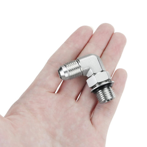 Person holding 90 Degree Elbow Hydraulic Hose Fittings Set Ten Pieces Three Eighths Inch JIC Thirty Seven Degree Male End To Six SAE ORB adapter