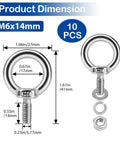 Ten Pack M6 Stainless Steel Eye Bolts With Nuts And Washers, 0.55 Inch Thread Length Lifting Ring Eyebolts shown with dimensions