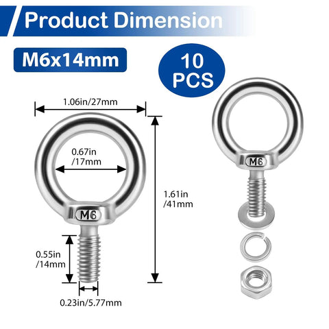 Ten Pack M6 Stainless Steel Eye Bolts With Nuts And Washers, 0.55 Inch Thread Length Lifting Ring Eyebolts shown with dimensions