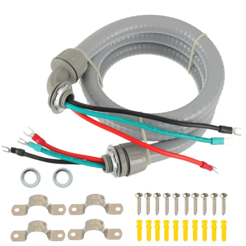 1/2 Inch Power Whip Assembly Kit With 3 Conductor 10 Gauge Preassembled AC Whip, Nonmetallic Liquid Tight Flexible Conduit, 4 Foot Length.