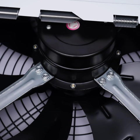 Close-up of Explosion Proof 16 Inch Industrial Ventilation Fan for Spray Booths and Workshops, heavy-duty blades and motor.