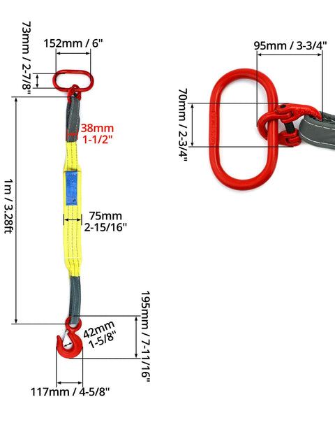 Heavy Duty Web Sling Set Built Tough for Real World Lifts 3.3 Ft Single Leg Lifting Slings 6600 Lbs Capacity with Polyester Web and G80 Steel Hook 2 Pack with detailed measurements