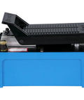 Air hydraulic pump by Mophorn with blue base and black foot treadle, front view.