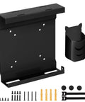 Straight Up Sturdy Wall And Underdesk Mount For Micro PC With Vesa Compatible Mini PC Bracket Including A Nifty Pen Holder And No Sweat Cable Management For Optiplex, black metal mount kit with installation screws.