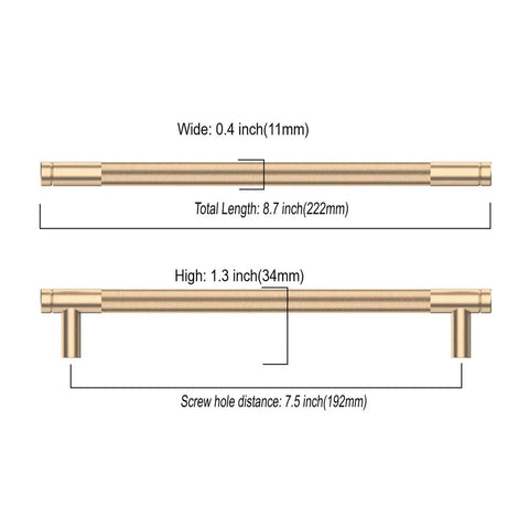 Ten Pack Of Seven Point Five Inch Antique Gold Cabinet Pulls Featuring Textured Knurled Grip Handles For Kitchen Cupboard Drawers Delivering Stress Free Mounting And Long Lasting Quality, measurements displayed.