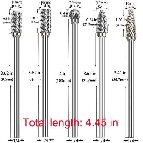 5pc Extra Long Shank Carbide Rotary Burr Set Double Cut One Quarter Inch Shank Die Grinder Bits For Metal Wood Plastic Grinding