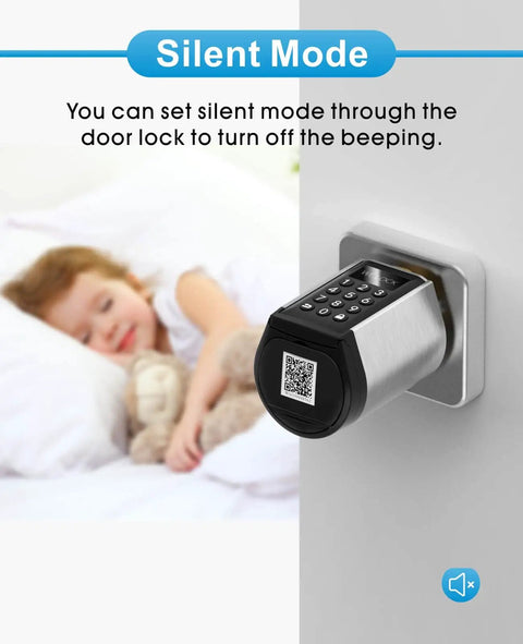 Keyless Entry Smart Door Lock With Bluetooth And App Control No Keys Needed, keypad detail showing silent mode feature