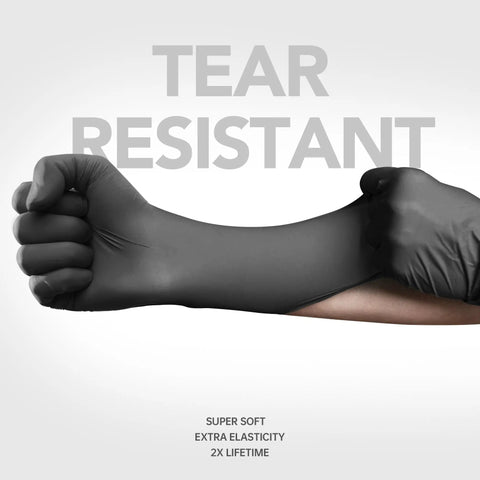 Heavy Duty Black Nitrile Gloves 4 Mil Large 100 Count Powder Free Latex Free Food Safe demonstrating tear resistance and elasticity.