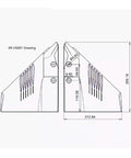 Technical drawing of Dual Outboard Dorsal Fin Wing Stingray Hydrofoil Stabilizer for Boats, side and top view dimensions
