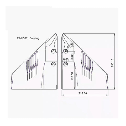 Technical drawing of Dual Outboard Dorsal Fin Wing Stingray Hydrofoil Stabilizer for Boats, side and top view dimensions