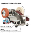 Mini Belt Sander And Electric Knife Sharpener Featuring A Snappy 15 Degree Bevel Plus 90 Angle Stand For Quick Wood Metal Leather Touch Ups Built Tough As Nails For Zero Shake And Super Quiet Run At 3900 Rpm Plugs Straight Into Any Wall Socket with forward/reverse rotation switch.