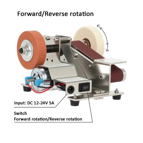 Mini Belt Sander And Electric Knife Sharpener Featuring A Snappy 15 Degree Bevel Plus 90 Angle Stand For Quick Wood Metal Leather Touch Ups Built Tough As Nails For Zero Shake And Super Quiet Run At 3900 Rpm Plugs Straight Into Any Wall Socket with forward/reverse rotation switch.