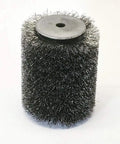 Stainless Steel Wire Wheel For Metal Cleaning And Rust Stripping Wood Texturing And Distressing Raising Grain On Flooring And Stair Treads Reclaimed Lumber Prep For Live Edge River Tables And Strong Epoxy Bonds, showing cylindrical brush design.