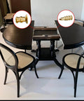 Round table with Gold Zinc Alloy Table Bolt Sleeve Connectors Kit, 15 Pcs Dowel Pins With Sockets installed, showing alignment hardware.