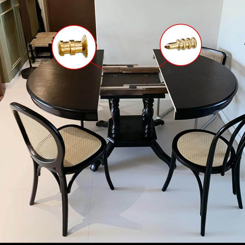 Round table with Gold Zinc Alloy Table Bolt Sleeve Connectors Kit, 15 Pcs Dowel Pins With Sockets installed, showing alignment hardware.