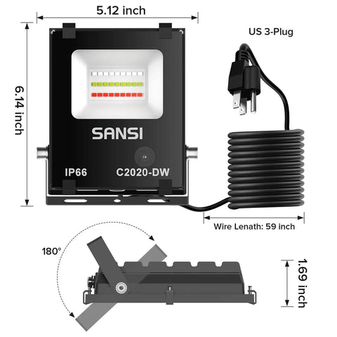 RGB LED Flood Light 400W Equivalent Outdoor Indoor Color Changing Wall Light with dimensions and US 3-plug