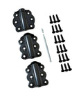Butter Smooth Self Closing Door Hinges, 2-3/4 Inch Set includes two black steel hinges, one adjustable hinge, and stainless screws.