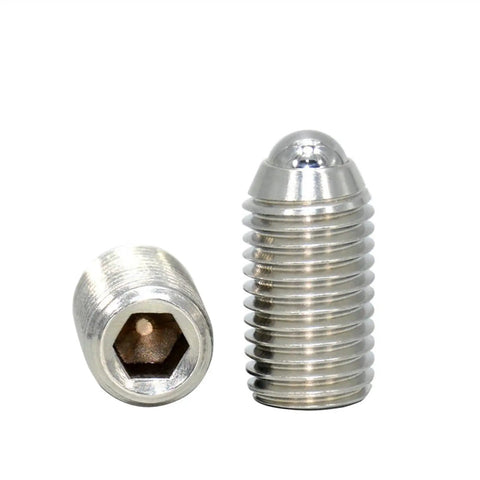 Rock Solid Badass Stainless Steel Spring Ball Plunger Pins With Internal Hex Socket showing threaded design and hex opening.