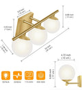 Diagram of Brushed Brass 24 Inch Three Light Vanity Light With Modern Globe Glass Shades Damp Rated Wall Sconce detailing dimensions.
