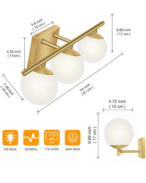 Diagram of Brushed Brass 24 Inch Three Light Vanity Light With Modern Globe Glass Shades Damp Rated Wall Sconce detailing dimensions.