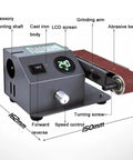 Heavy Duty Wet Bench Sander And Electric Knife Sharpener With Polishing Wheel And 10 Sanding Belts Featuring LCD Screens For No Sweat Wood Metal And Plastic Prep And Finishes. Image shows LCD screen, grinding arm, and cast iron body.