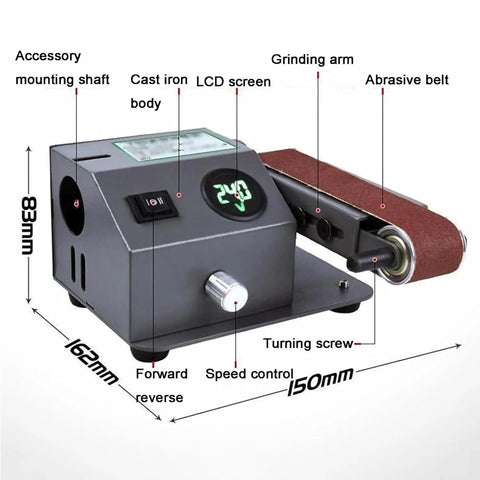 Heavy Duty Wet Bench Sander And Electric Knife Sharpener With Polishing Wheel And 10 Sanding Belts Featuring LCD Screens For No Sweat Wood Metal And Plastic Prep And Finishes. Image shows LCD screen, grinding arm, and cast iron body.