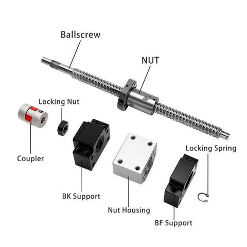 Heavy Duty 1500mm C5 Ball Screw SFU1605 Kit With Preloaded Anti Backlash Nut shown with components like coupler and supports.