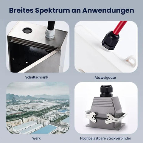 4 Pack 1 NPT Black Cable Gland Kit IP69 Waterproof Nylon Glands shown in use with junction boxes and electrical enclosures.