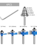 Four Piece Rabbet Router Bit Set Featuring One Quarter Inch Shanks And Six Swappable Guide Bearings Constructed From Heavy Duty Carbide Steel, showing size details.