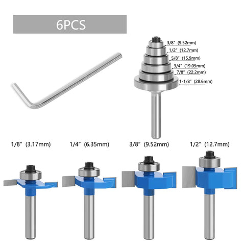 Four Piece Rabbet Router Bit Set Featuring One Quarter Inch Shanks And Six Swappable Guide Bearings Constructed From Heavy Duty Carbide Steel, showing size details.
