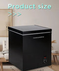 Hella Spacious 7.0 Cu.Ft Chest Freezer In Bold Black with size dimensions displayed, showcasing adjustable thermostat and sleek design.