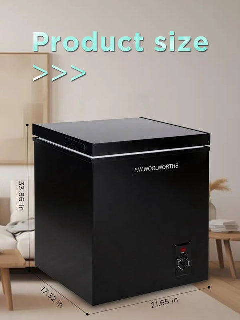 Hella Spacious 7.0 Cu.Ft Chest Freezer In Bold Black with size dimensions displayed, showcasing adjustable thermostat and sleek design.