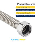 Close-up of Stainless Steel Corrugated Water Heater Connector 18 Inch With 3/4 Inch FIP Ends, showing brass nuts and washer gasket.