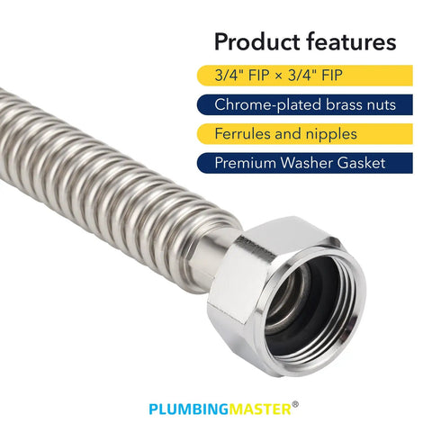 Close-up of Stainless Steel Corrugated Water Heater Connector 18 Inch With 3/4 Inch FIP Ends, showing brass nuts and washer gasket.