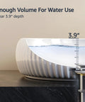 Side view of a matte black round vessel sink showing near 3.9-inch depth, countertop installation with water level indicator.