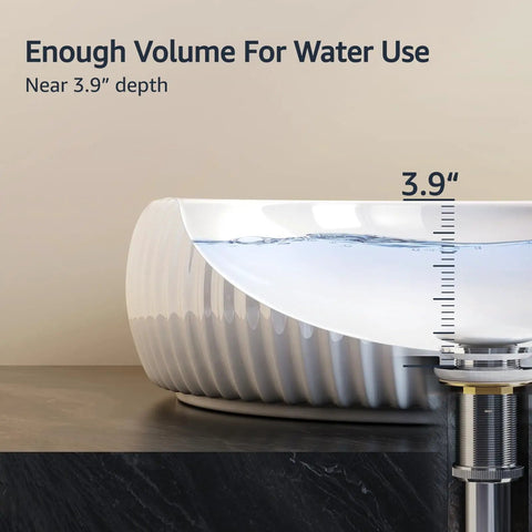 Side view of a matte black round vessel sink showing near 3.9-inch depth, countertop installation with water level indicator.