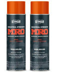 Two cans of Industrial High Solids Spray Paint For MRO Applications In Safety Orange 16 ounce aerosol can, front view.