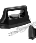 Handy Mini Heat Press Machine Kit With Portable Design And PVC Doormat. Compact black heat press with cord and charging base accessory.