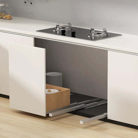 Legit Pair Of Undermount Drawer Slides Featuring Soft Close Full Extension Design And Silky Smooth Glide Pull Out Shelf Track Built For Heavy Duty Kitchen Cabinets That Run Like A Dream in a modern kitchen setting.