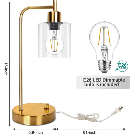 Golden Industrial Table Lamp With Two USB Ports And Glass Shade Vintage Desk Light Stepless Dimmable Bedside Reading Lamp For Bedroom Living Room And Office LED Nightstand Lamp With E26 Bulb shown with measurements and included E26 LED bulb.