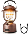 Rechargeable Vintage LED Camping Lantern With 15000mAh Battery, 1000 Lumen Output, shown with metal body and USB cable