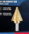 Titanium Coated HSS Step Drill Bit Set With Ten Sizes From One Quarter Inch To One And Three Eighths Inch Self Centering 118 Degree Split Point Dual Flute Unibit For Drilling Metal And Plastic Sheets front view