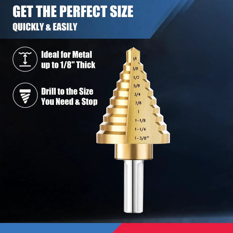 Titanium Coated HSS Step Drill Bit Set With Ten Sizes From One Quarter Inch To One And Three Eighths Inch Self Centering 118 Degree Split Point Dual Flute Unibit For Drilling Metal And Plastic Sheets front view