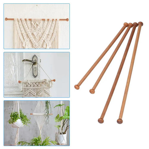 Set Of Four Top Shelf Wooden Dowel Closet Hangers With Burr Free Smooth Sandalwood Finish 12 Inch And 9 Inch Rods For Wardrobe Storage Durable Classic Design showing uses for hanging macramé and plants.