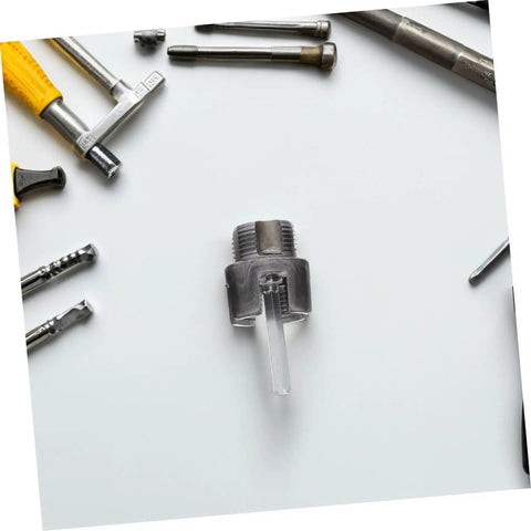 BAZEITFLOW 3 Piece Pvc Pipe Threader Tool Set Includes External And Internal Thread Cutting Kit For Plastic Water Pipes Compatible With Electric Drill Featuring Durable Steel Construct For Reliable Professional Grade Diy Plumbing Projects At Home Or On - close-up of a steel pipe threader attachment.