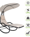 Outdoor Hammock Rocking Chaise Lounge Chair With Stand And Canopy Cozy Soft Cushion And Removable Headrest Recliner Swing For Garden Backyard Poolside Beige, features UV protection canopy and ergonomic design