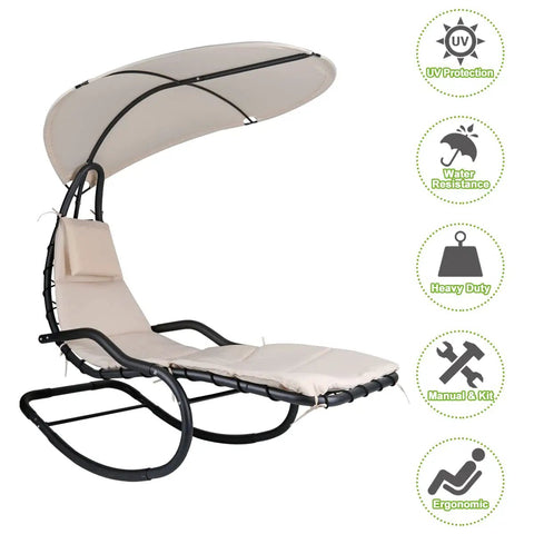 Outdoor Hammock Rocking Chaise Lounge Chair With Stand And Canopy Cozy Soft Cushion And Removable Headrest Recliner Swing For Garden Backyard Poolside Beige, features UV protection canopy and ergonomic design