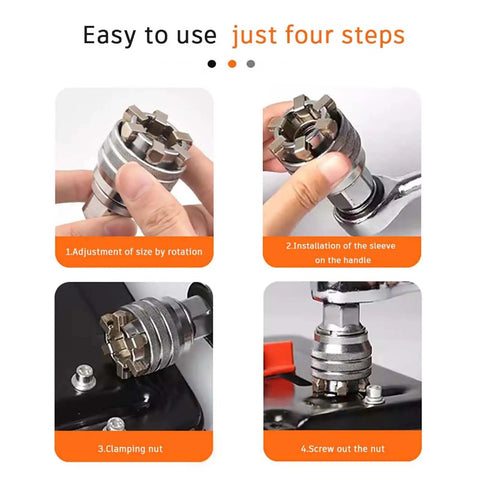Easy steps for using Adjustable Universal Socket Wrench Kit With Three Eighths Inch Hex Adapters for drilling and fastening