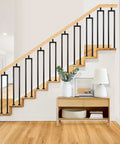 Three Pack 36 Inch Square U Shape Matte Black Metal Stair Balusters With Adjustable Top Bracket For Interior Wood Handrail in modern home.